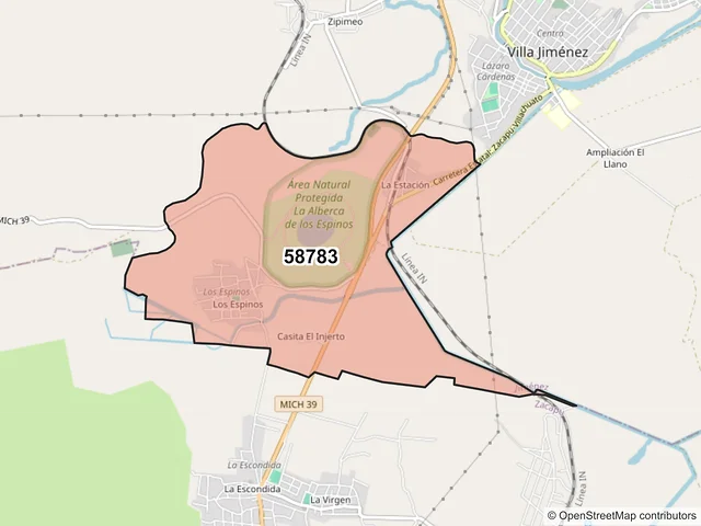 Mapa del código postal 58783, Jiménez, Michoacán de Ocampo