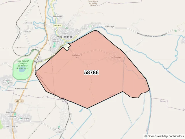 Mapa del código postal 58786, Jiménez, Michoacán de Ocampo