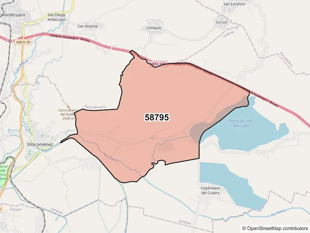 Mapa del código postal 58795, Jiménez, Michoacán de Ocampo