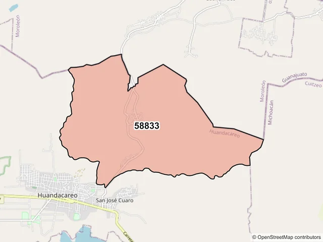 Mapa del código postal 58833, Huandacareo, Michoacán de Ocampo