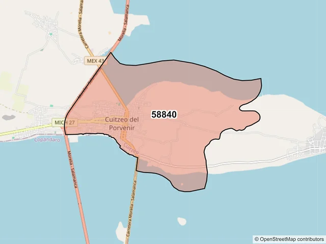 Mapa del código postal 58840, Cuitzeo, Michoacán de Ocampo