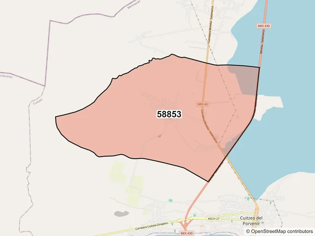 Mapa del código postal 58853, Cuitzeo, Michoacán de Ocampo