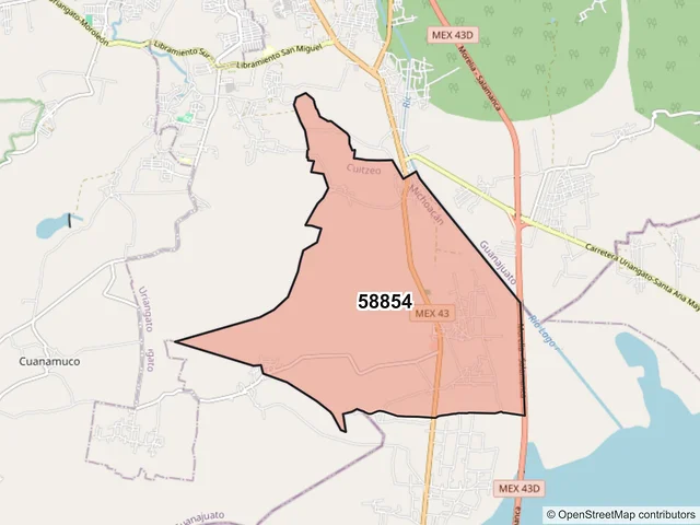 Mapa del código postal 58854, Cuitzeo, Michoacán de Ocampo