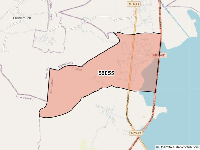 Mapa del código postal 58855, Cuitzeo, Michoacán de Ocampo