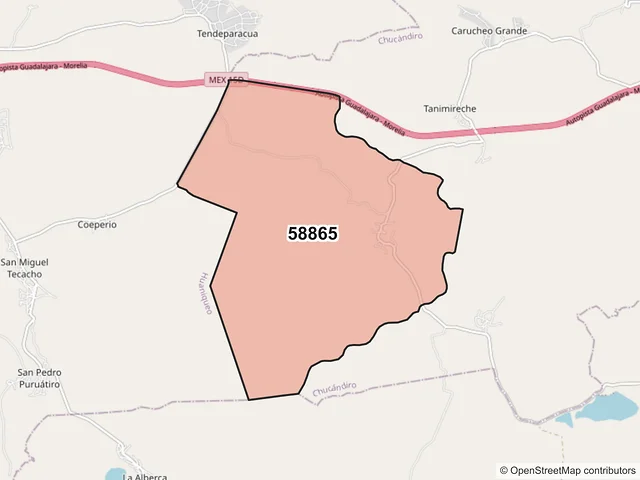 Mapa del código postal 58865, Chucándiro, Michoacán de Ocampo