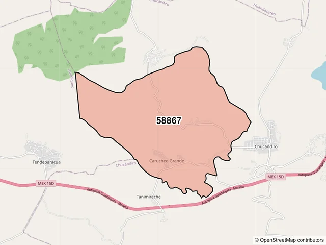 Mapa del código postal 58867, Chucándiro, Michoacán de Ocampo