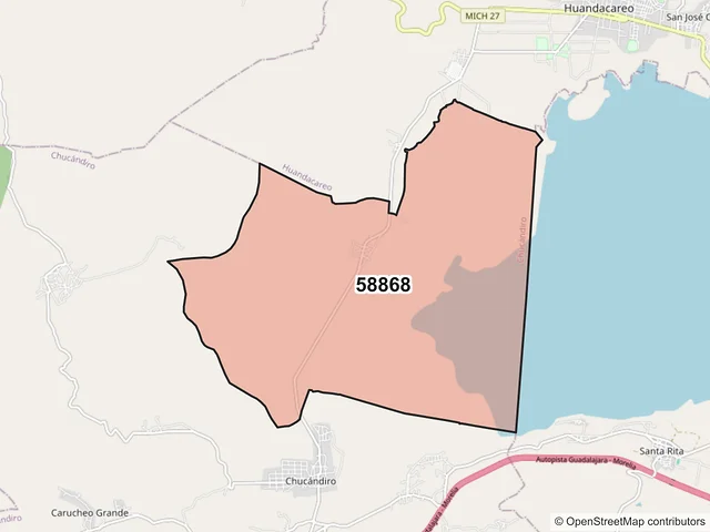 Mapa del código postal 58868, Chucándiro, Michoacán de Ocampo