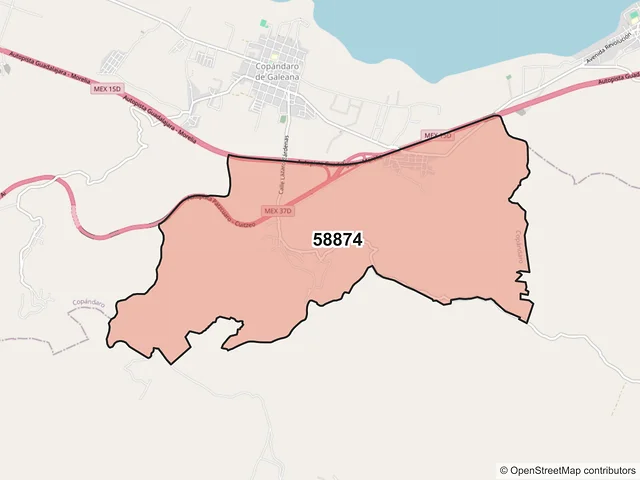 Mapa del código postal 58874, Copándaro, Michoacán de Ocampo