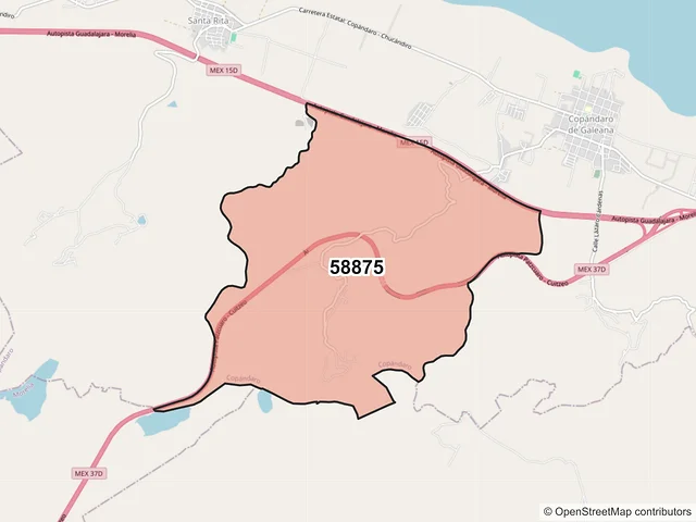 Mapa del código postal 58875, Copándaro, Michoacán de Ocampo