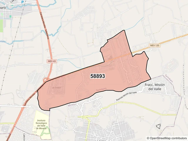 Mapa del código postal 58893, Tarímbaro, Michoacán de Ocampo