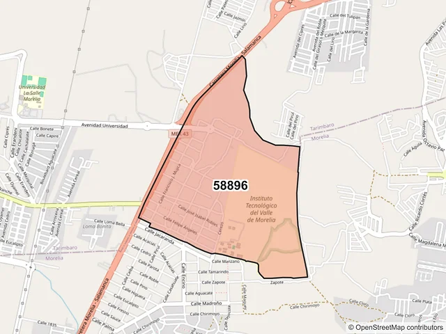 Mapa del código postal 58896, Tarímbaro, Michoacán de Ocampo