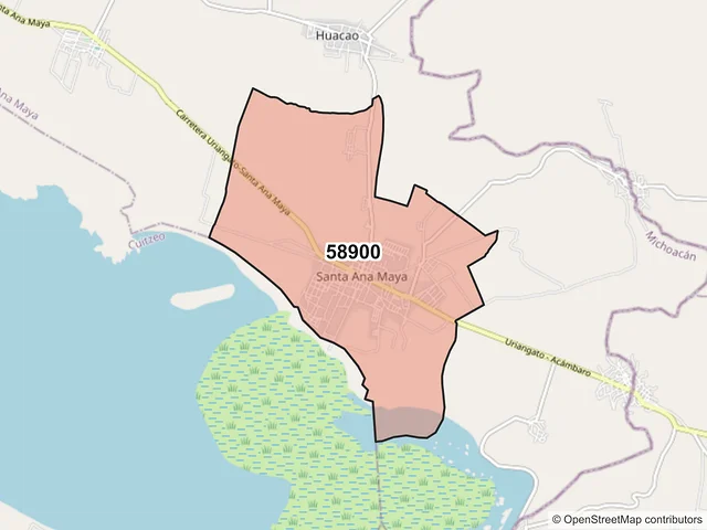 Mapa del código postal 58900, Santa Ana Maya, Michoacán de Ocampo