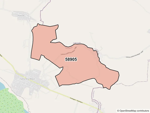 Mapa del código postal 58905, Santa Ana Maya, Michoacán de Ocampo