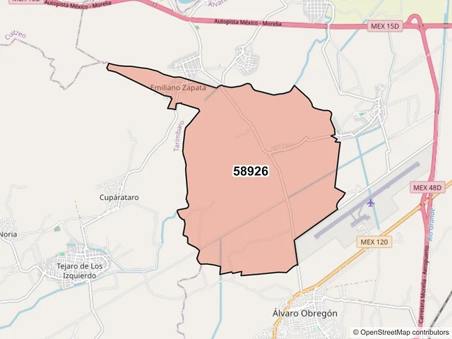 Mapa del código postal 58926, Álvaro Obregón, Michoacán de Ocampo