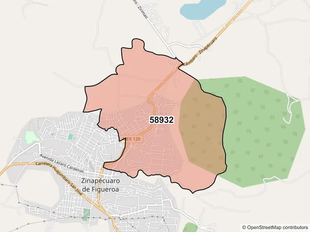 Mapa del código postal 58932, Zinapécuaro, Michoacán de Ocampo
