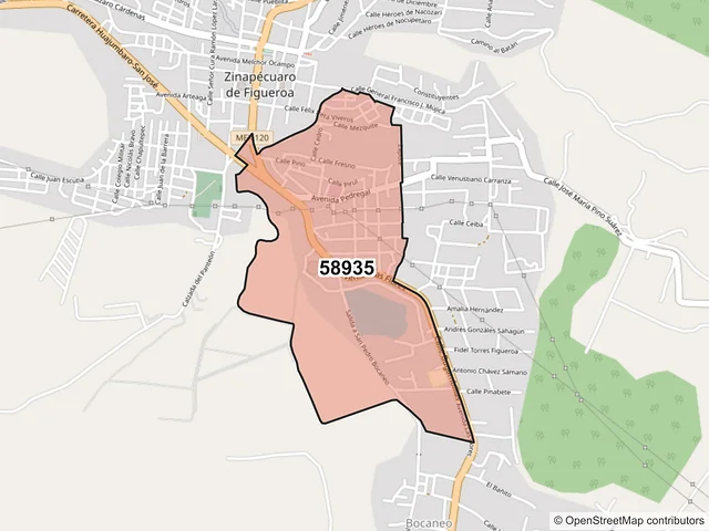 Mapa del código postal 58935, Zinapécuaro, Michoacán de Ocampo