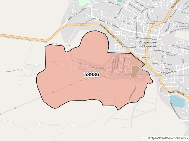 Mapa del código postal 58936, Zinapécuaro, Michoacán de Ocampo