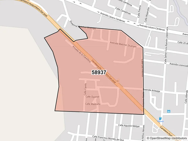Mapa del código postal 58937, Zinapécuaro, Michoacán de Ocampo