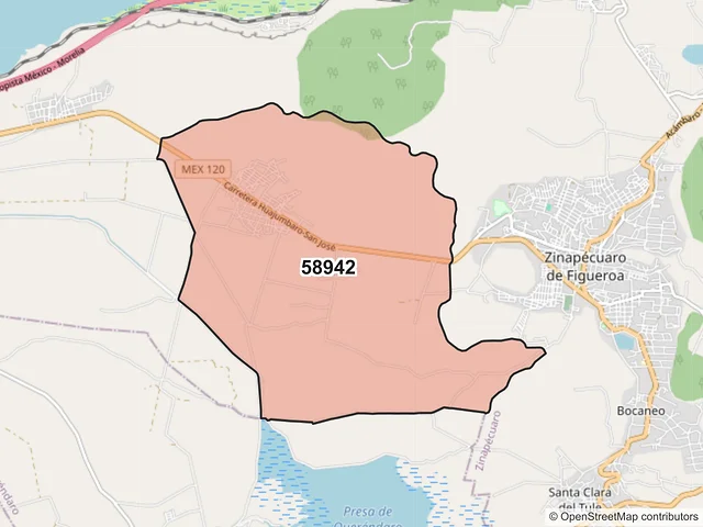Mapa del código postal 58942, Zinapécuaro, Michoacán de Ocampo