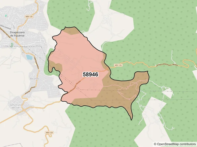 Mapa del código postal 58946, Zinapécuaro, Michoacán de Ocampo