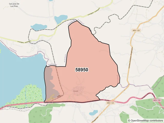 Mapa del código postal 58950, Zinapécuaro, Michoacán de Ocampo