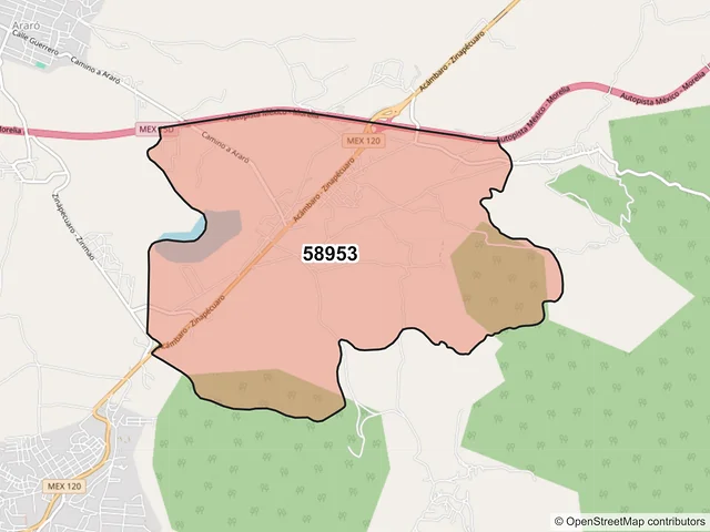 Mapa del código postal 58953, Zinapécuaro, Michoacán de Ocampo