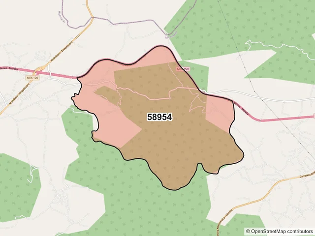 Mapa del código postal 58954, Zinapécuaro, Michoacán de Ocampo