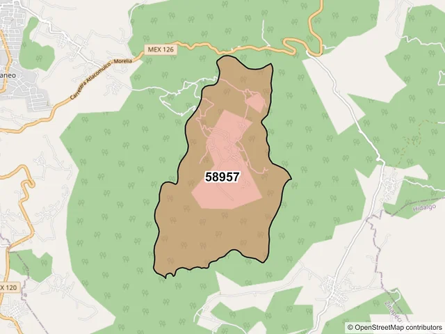 Mapa del código postal 58957, Zinapécuaro, Michoacán de Ocampo