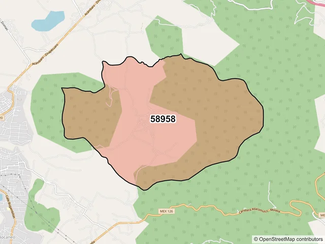 Mapa del código postal 58958, Zinapécuaro, Michoacán de Ocampo