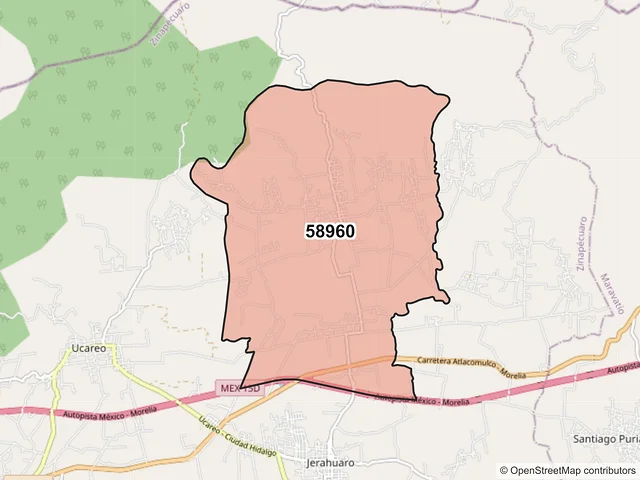 Mapa del código postal 58960, Zinapécuaro, Michoacán de Ocampo