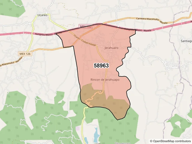 Mapa del código postal 58963, Zinapécuaro, Michoacán de Ocampo