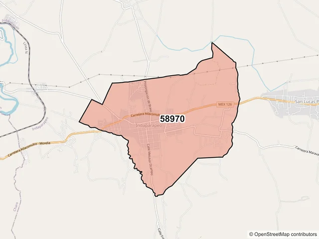 Mapa del código postal 58970, Indaparapeo, Michoacán de Ocampo