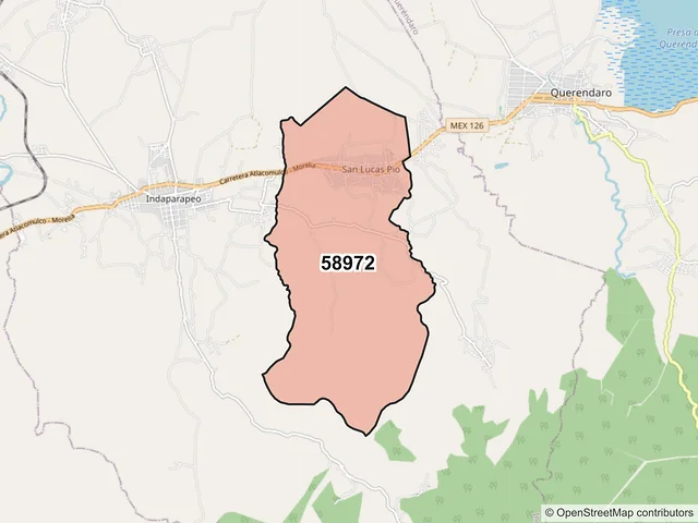 Mapa del código postal 58972, Indaparapeo, Michoacán de Ocampo