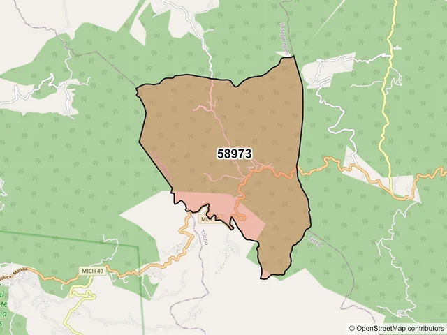 Mapa del código postal 58973, Indaparapeo, Michoacán de Ocampo
