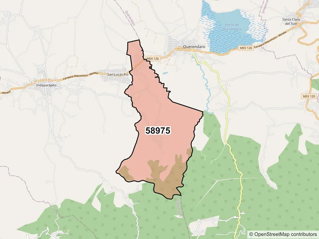 Mapa del código postal 58975, Indaparapeo, Michoacán de Ocampo