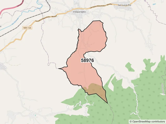 Mapa del código postal 58976, Indaparapeo, Michoacán de Ocampo