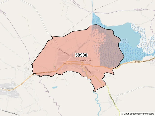 Mapa del código postal 58980, Queréndaro, Michoacán de Ocampo