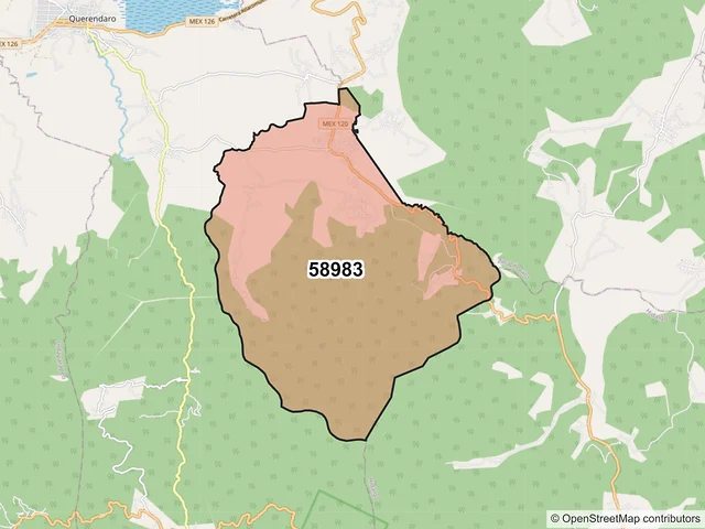 Mapa del código postal 58983, Queréndaro, Michoacán de Ocampo