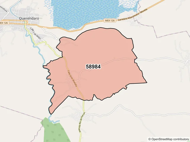 Mapa del código postal 58984, Queréndaro, Michoacán de Ocampo