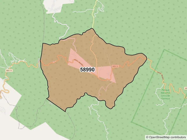 Mapa del código postal 58990, Queréndaro, Michoacán de Ocampo