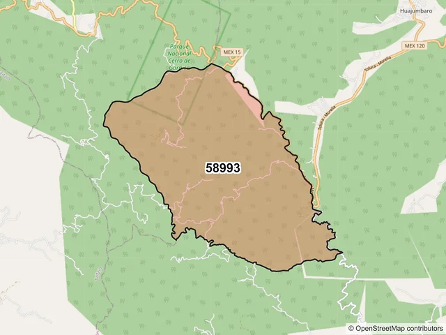 Mapa del código postal 58993, Queréndaro, Michoacán de Ocampo