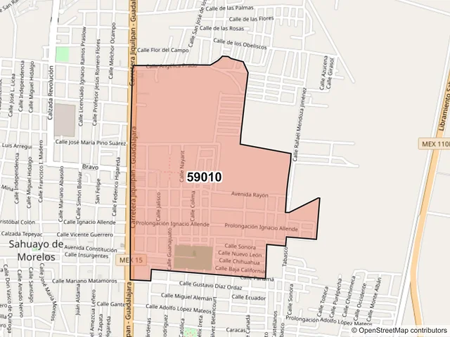 Mapa del código postal 59010, Sahuayo, Michoacán de Ocampo