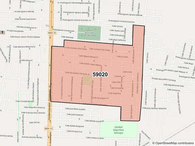 Mapa del código postal 59020, Sahuayo, Michoacán de Ocampo