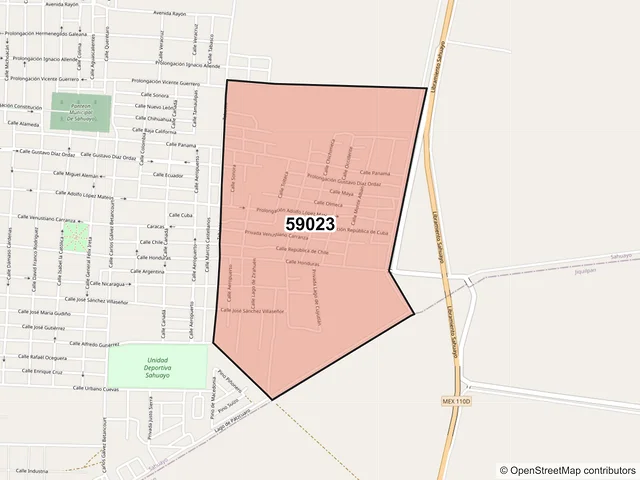 Mapa del código postal 59023, Sahuayo, Michoacán de Ocampo