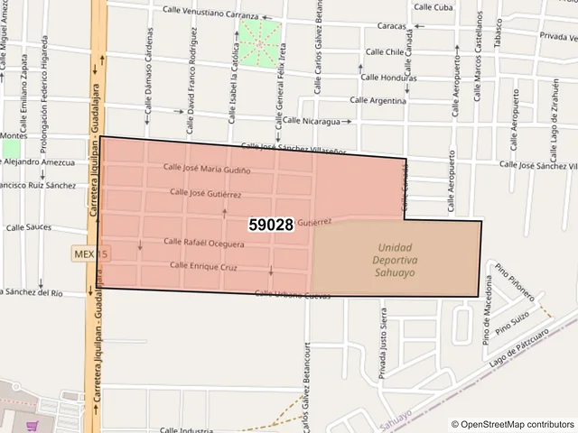 Mapa del código postal 59028, Sahuayo, Michoacán de Ocampo