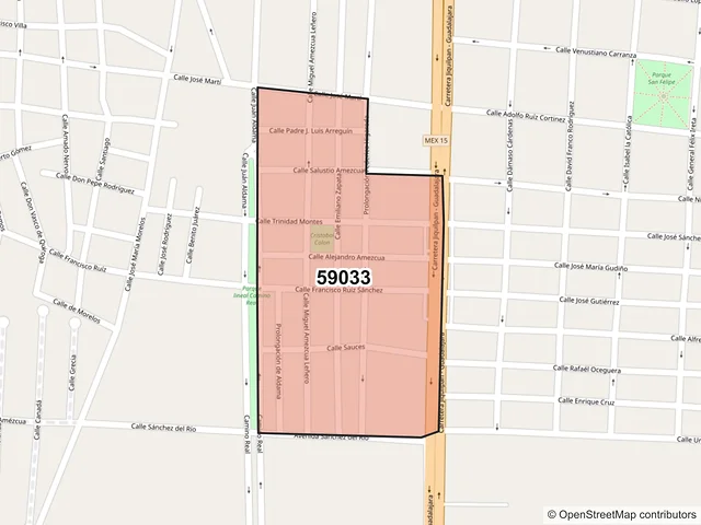 Mapa del código postal 59033, Sahuayo, Michoacán de Ocampo
