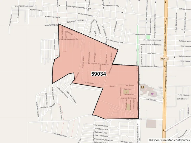 Mapa del código postal 59034, Sahuayo, Michoacán de Ocampo