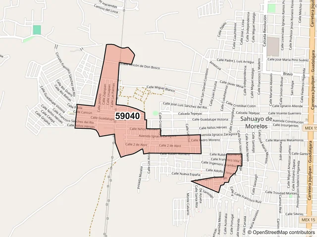 Mapa del código postal 59040, Sahuayo, Michoacán de Ocampo