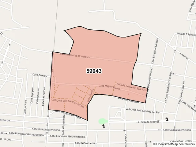 Mapa del código postal 59043, Sahuayo, Michoacán de Ocampo