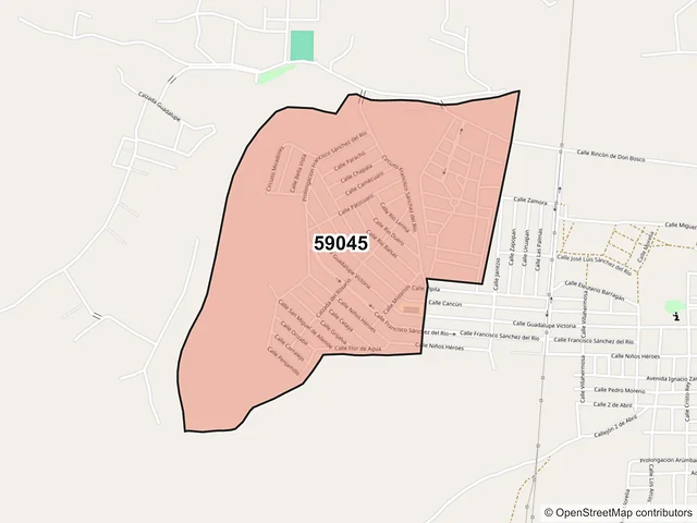 Mapa del código postal 59045, Sahuayo, Michoacán de Ocampo